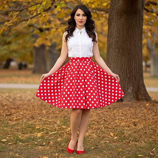 Photograph of a woman with long black hair, wearing a white sleeveless blouse and red polka dot skirt, red shoes, standing in a autumn