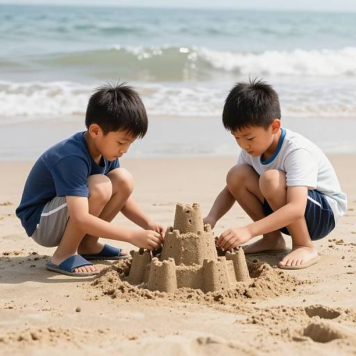 Photograph of two young Asian boys, squatting on a sandy beach, building a sandcastle with multiple towers, wearing blue and white shirts, flip