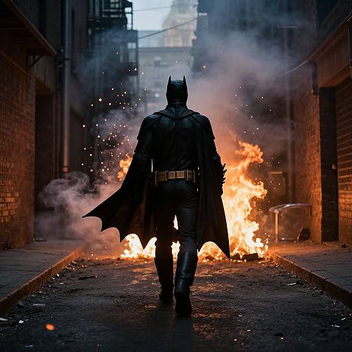 Photograph of Batman from behind, standing in a dark alley with intense flames and smoke in front of him.