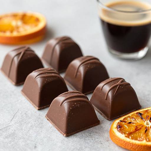 Photograph of six dark chocolate truffles with ridged tops, beside a halved orange and a glass of espresso.