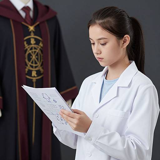 Photograph of a young Asian girl with dark hair in a ponytail, wearing a white lab coat, reading a notebook, with a maroon and