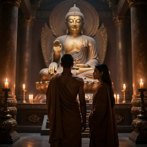 Silhouetted Lovers Before Illuminated Buddha