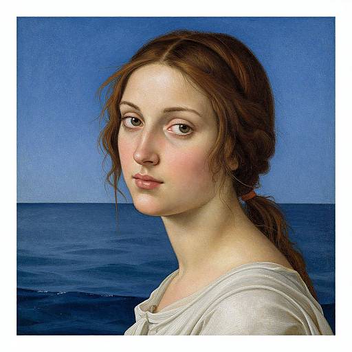Digital painting of a young woman with fair skin, brown hair in a ponytail, and soft expression, wearing a white top, against a blue ocean