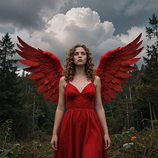 Photograph of a curly-haired woman in a red dress with large, vivid red feathered wings standing in a forest under a dramatic, cloudy sky.