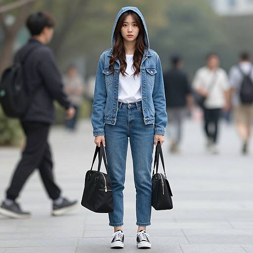 Photograph of an Asian woman with long black hair, wearing a blue denim hooded jacket, white shirt, blue jeans, and black sneakers, holding