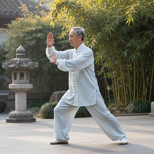 Elderly Man Practicing Tai Chi in Garden