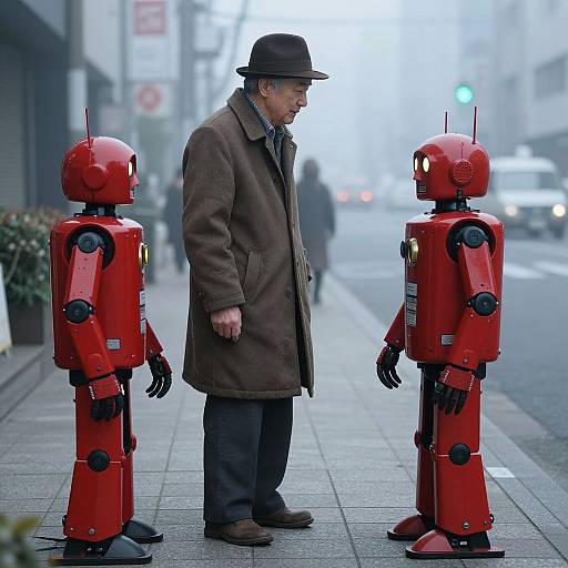 Elderly Man and Red Robot in 1990s Tokyo
