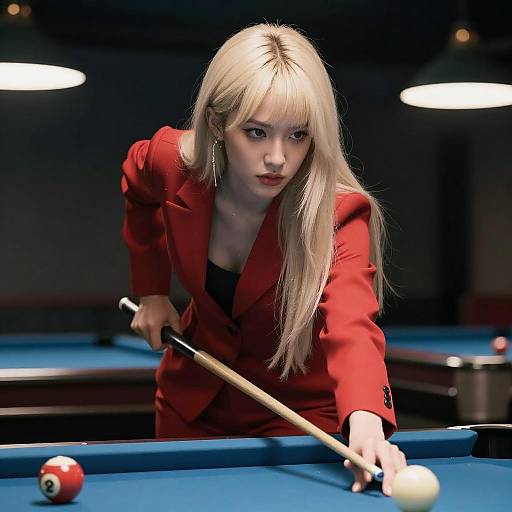 Photograph of a blonde woman in a red blazer, leaning over a blue pool table, aiming cue stick at white ball.