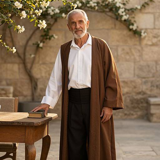 Elderly Man in Brown Robe with Book in Courtyard