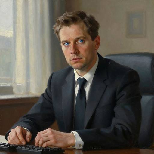 Photograph of a serious-looking, blue-eyed man in a black suit and tie, sitting at a desk with a computer keyboard.