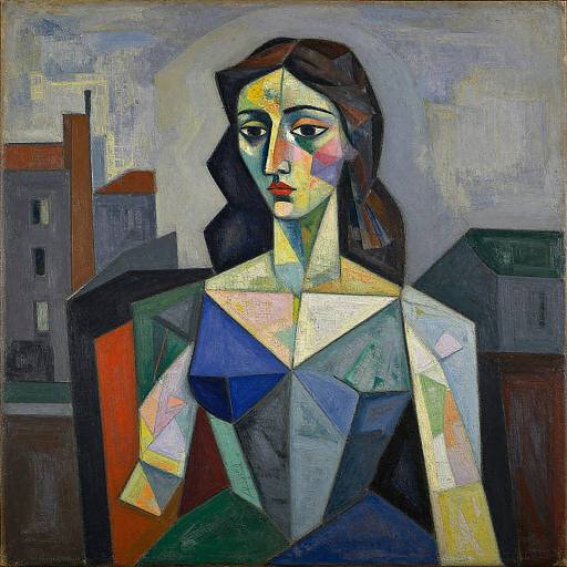 Cubist-style painting of a woman with geometric facial features and colorful, angular clothing, set against a muted urban background.
