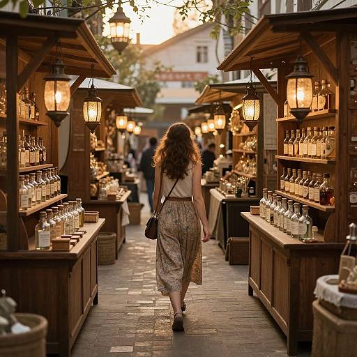Photograph of a woman with curly brown hair, wearing a white top and patterned skirt, walking down a warm, lit, outdoor market aisle with