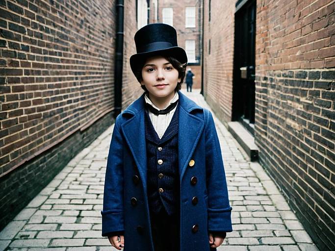 Photograph of a young boy in Victorian attire, wearing a black top hat, blue coat, and bow tie, standing in a narrow brick alleyway