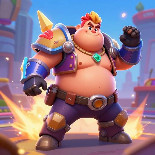 CGI cartoon of a muscular, chubby, red-haired man with a tan skin tone, wearing blue armor, a necklace, and pants, standing confidently