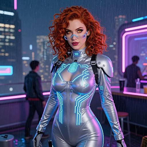 Digital CGI image of a red-haired woman in a futuristic, silver, neon-lit bodysuit standing in a rainy, neon-lit cityscape