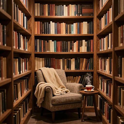 Photograph of a cozy library corner with a gray armchair, beige blanket, wooden bookshelves, and a steaming teacup on a