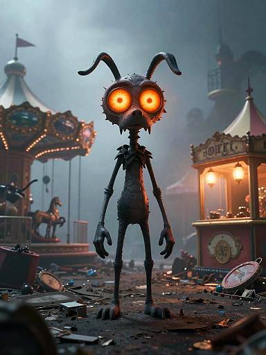 CGI image of a creepy, insectoid creature with glowing orange eyes standing in a foggy, abandoned carnival at night, surrounded by broken carousel and