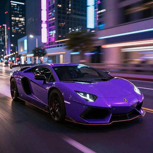 Photograph of a sleek, purple Lamborghini speeding through a vibrant, neon-lit city street at night, with colorful lights and blurred buildings in the