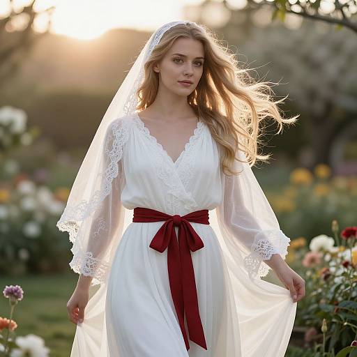 Ethereal Woman in Flowing White Dress