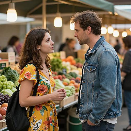 Photograph of a brunette woman in a floral dress and a man in a denim jacket standing close at a colorful market stall.