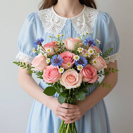 Photograph of a woman in a light blue dress with white lace collar, holding a bouquet of pink roses, blue cornflowers, and white dais