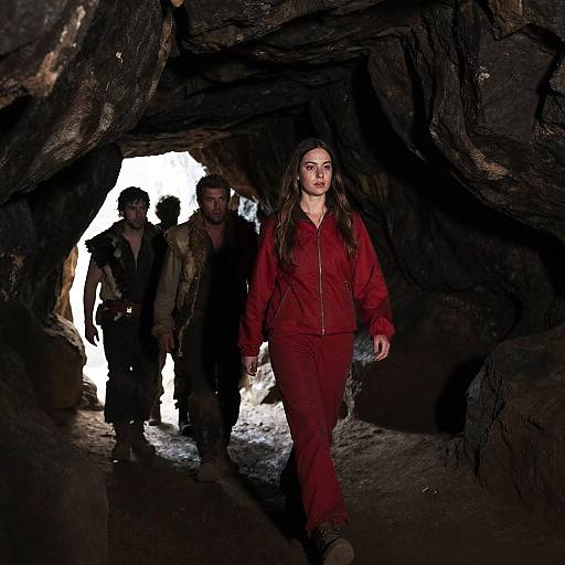 Woman Leading Group Through Dimly Lit Cave