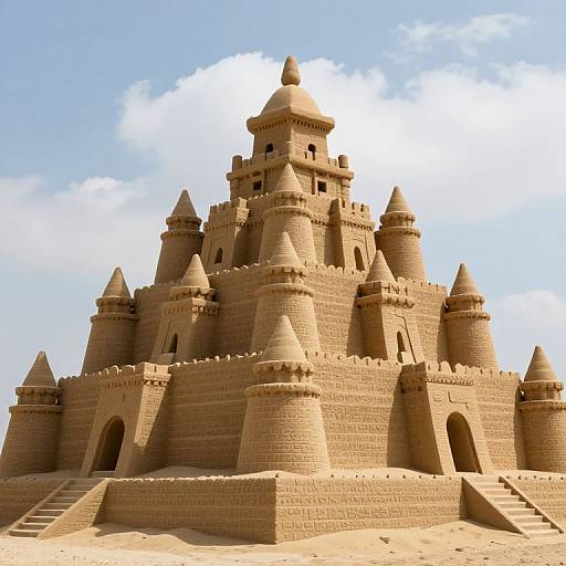 Photograph of a massive, intricate sandcastle with multiple turrets, arched entrances, and a central dome, set against a bright blue sky with
