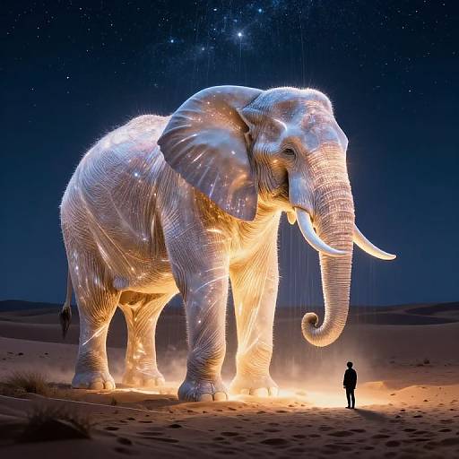 Photograph of a glowing, wire-frame elephant illuminated under starry night sky, with a silhouetted person standing on sandy desert.