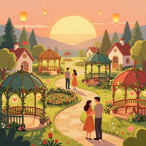 Digital illustration of a sunset garden with two couples walking, surrounded by flower-adorned gazebos, small houses, and a glowing sun. Warm