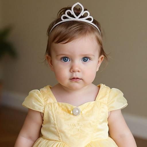 Photograph of a cute baby girl with blue eyes, wearing a yellow dress and silver tiara, standing indoors against a blurred beige wall.