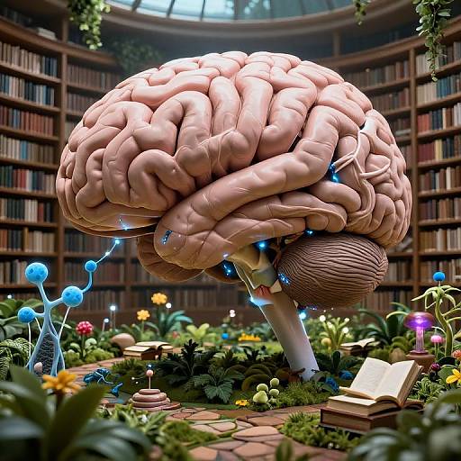 Digital artwork of a giant, detailed human brain with glowing blue orbs, standing in a lush garden library with bookshelves and books.