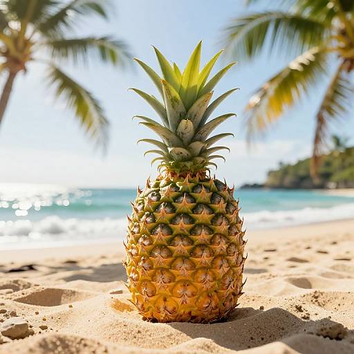 Photograph of a ripe, yellow pineapple on a sunny tropical beach with clear blue water, palm trees, and bright sunlight.