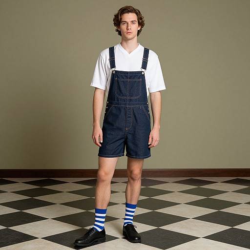 Photograph of a young man with curly brown hair, wearing a white t-shirt, black denim overalls, blue and white striped socks, and black