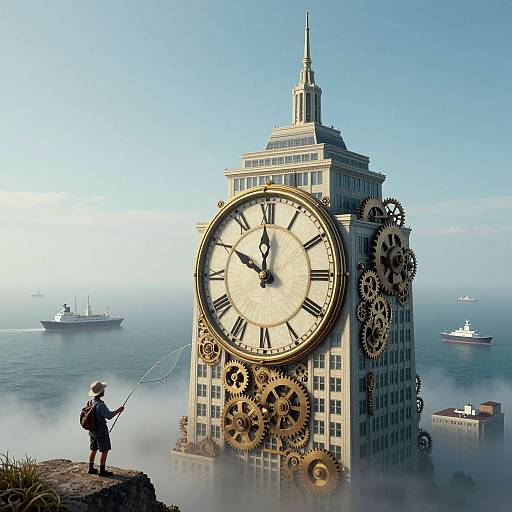 Photograph of a man in a hat and coat, standing on a cliff, using a wand to wind a giant clock tower with gears, overlooking a