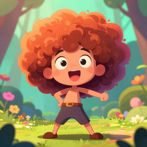 Digital cartoon of a cheerful, curly-haired boy with wide eyes, small shirt, dark shorts, and brown shoes, standing in a vibrant, sunlit