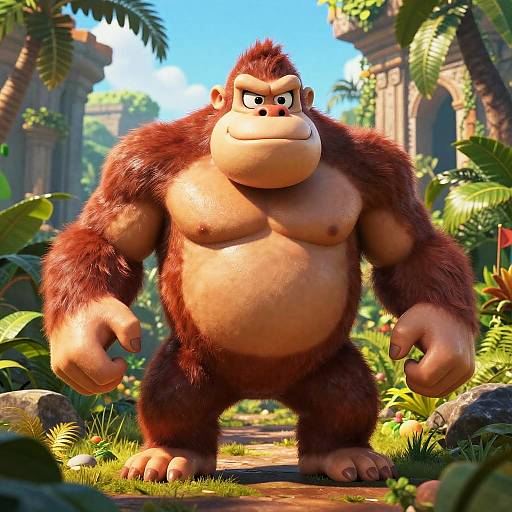 CGI image of a muscular, brown-furred, smiling gorilla with a large belly, standing in a lush, sunlit jungle clearing.