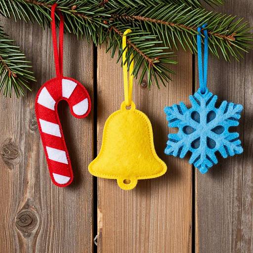 Photograph of Christmas decorations: red candy cane, yellow bell, blue snowflake, hanging from pine branch on wooden planks.