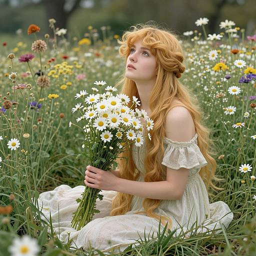 Photograph of a fair-skinned, red-haired woman with long, wavy hair, wearing an off-shoulder white dress, kneeling in a