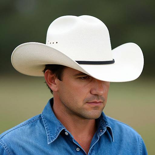 Photograph of a serious-looking man in a blue denim shirt wearing a white cowboy hat with an overly bright, white-out effect on the hat. Bl