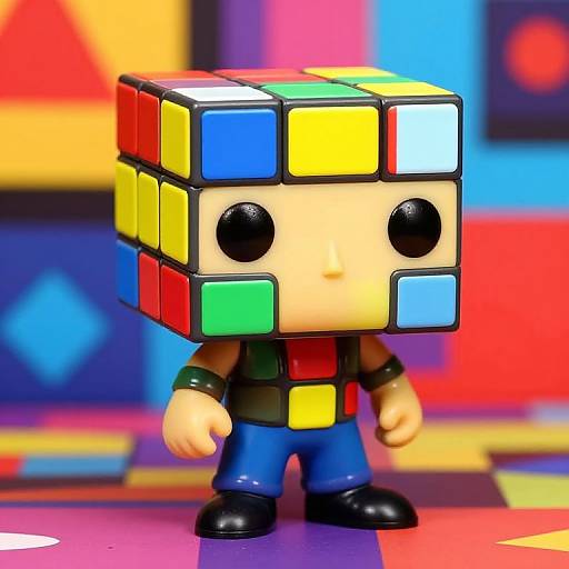 Photograph of a small, plastic Rubik's Cube-headed figurine with black eyes, wearing a black shirt, blue pants, and black shoes,