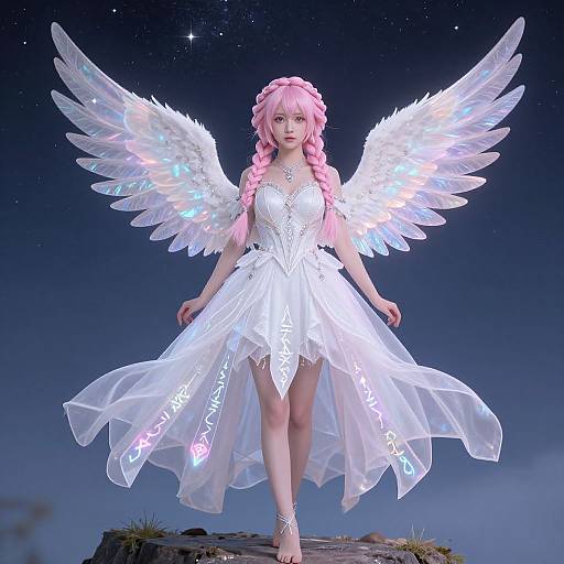CGI image of a pink-haired angelic woman with glowing white wings, wearing a flowing, translucent white dress, standing on a rocky surface under a