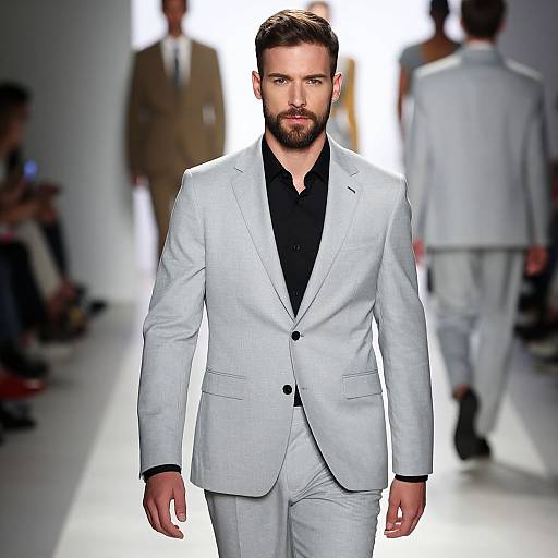 Photograph of a bearded man with short brown hair, wearing a light gray suit and black shirt, walking down a bright runway. Blurred background