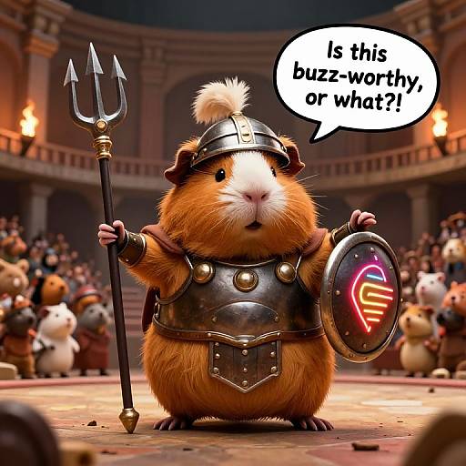 Digital cartoon: Fuzzy hamster in Roman gladiator armor, holding trident and shield, standing in coliseum, speech bubble: 