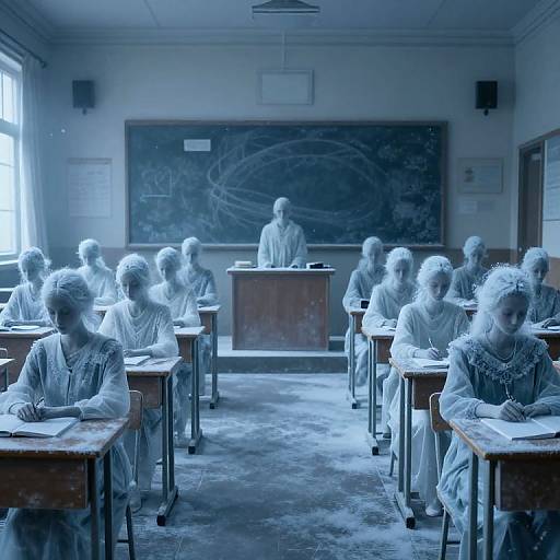 Photograph of a blue-tinted classroom with elderly women in traditional dresses, writing at desks; a teacher stands at a chalkboard.