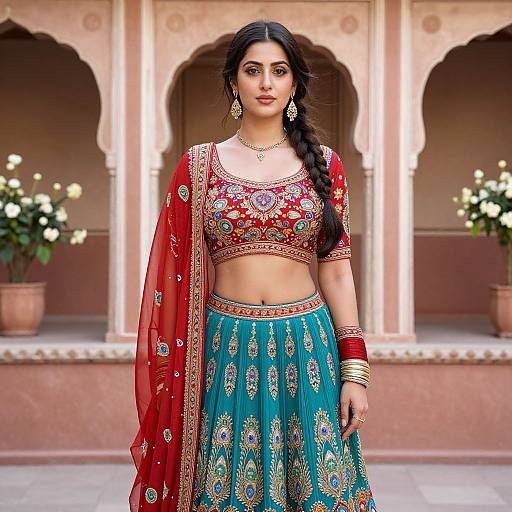 Photograph of a confident South Asian woman in traditional red and blue embroidered lehenga, standing in an ornate, arched courtyard with potted white