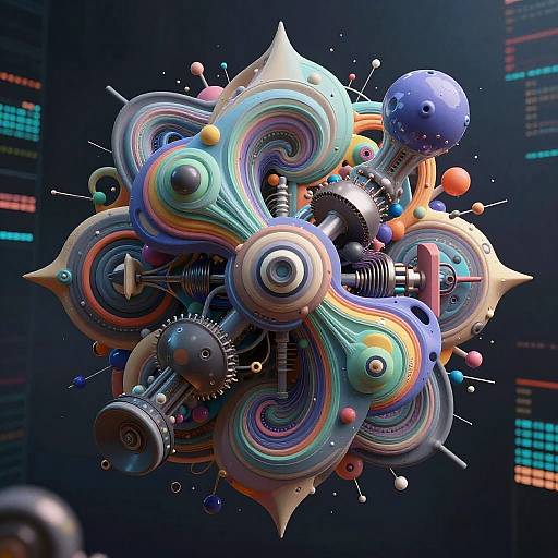 Digital art of a vibrant, abstract, futuristic sphere with swirling rainbow patterns, gears, and colorful spheres against a dark, tech-themed background.