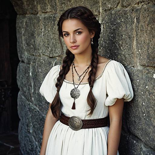Medieval Woman in White Dress with Braided Hair