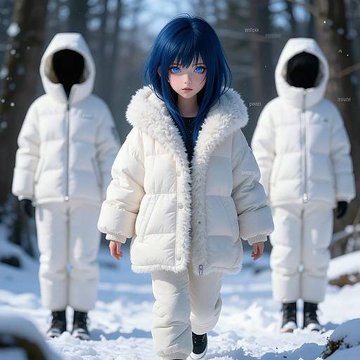 Digital anime-style artwork of a blue-haired girl in a white fur-trimmed coat, surrounded by three shadowed figures in white winter gear, in