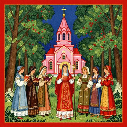 Vibrant digital illustration of seven women in traditional Eastern European dresses, standing before a pink church with a cross, surrounded by trees and red berries at