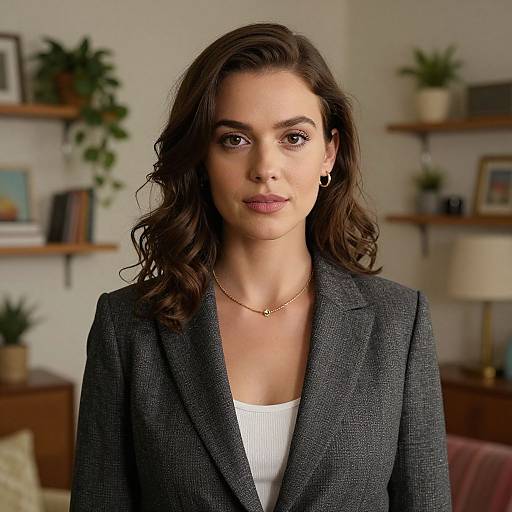 Photograph of a woman with wavy brown hair, wearing a gray blazer over a white top, gold necklace, and earrings, standing in a
